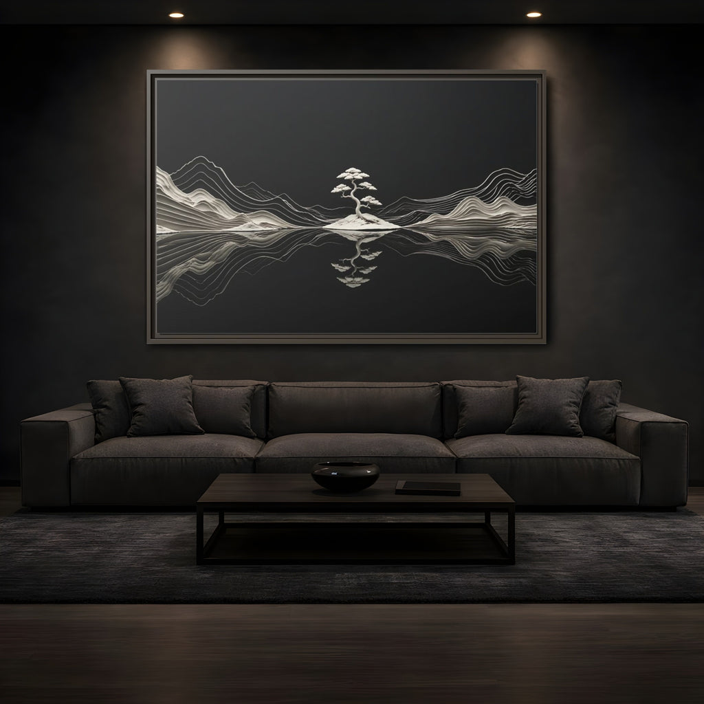 Mockup 3. Nature Bonsai Tree Monochrome Bonsai shown as stretched canvas wall art
