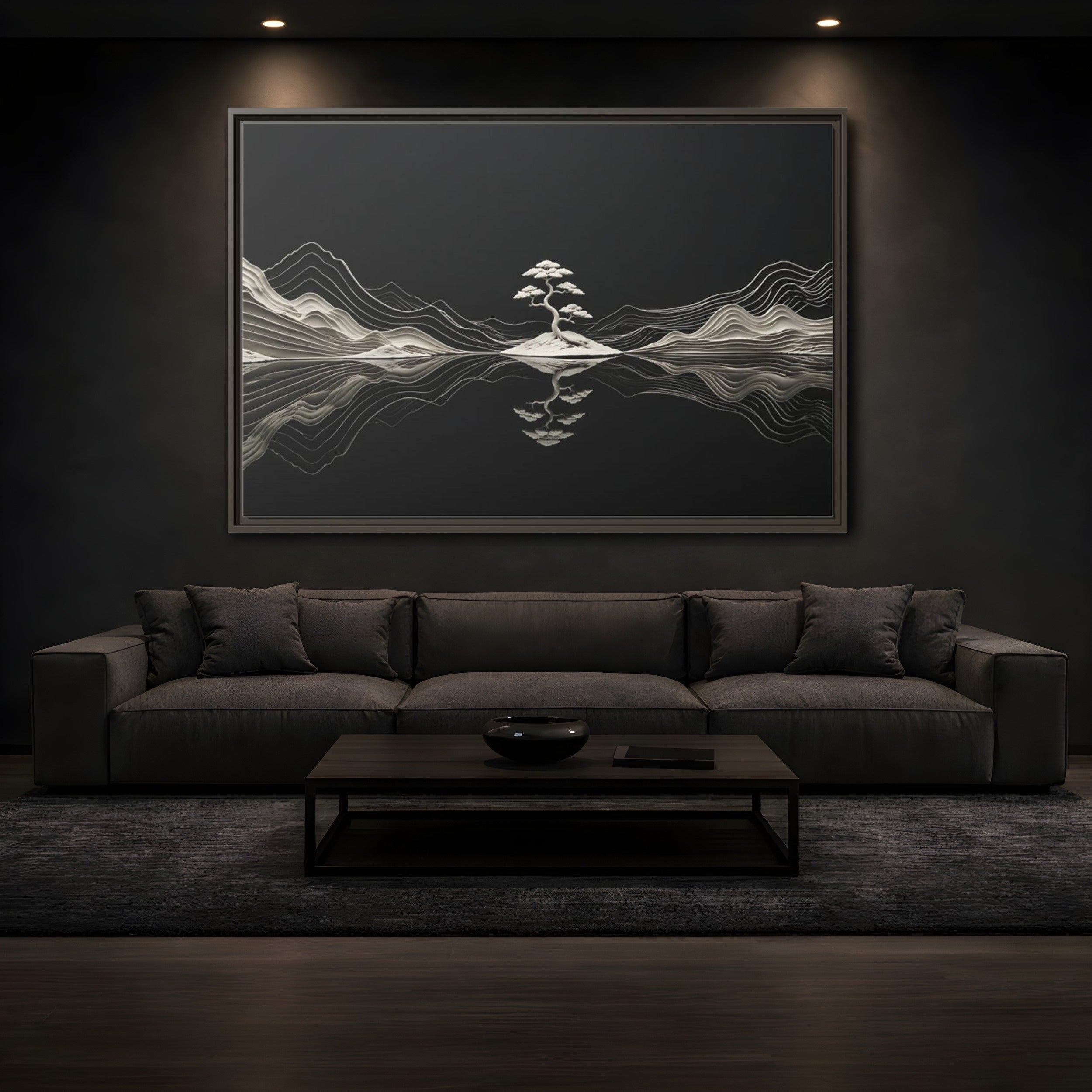 Mockup 3. Nature Bonsai Tree Monochrome Bonsai shown as stretched canvas wall art