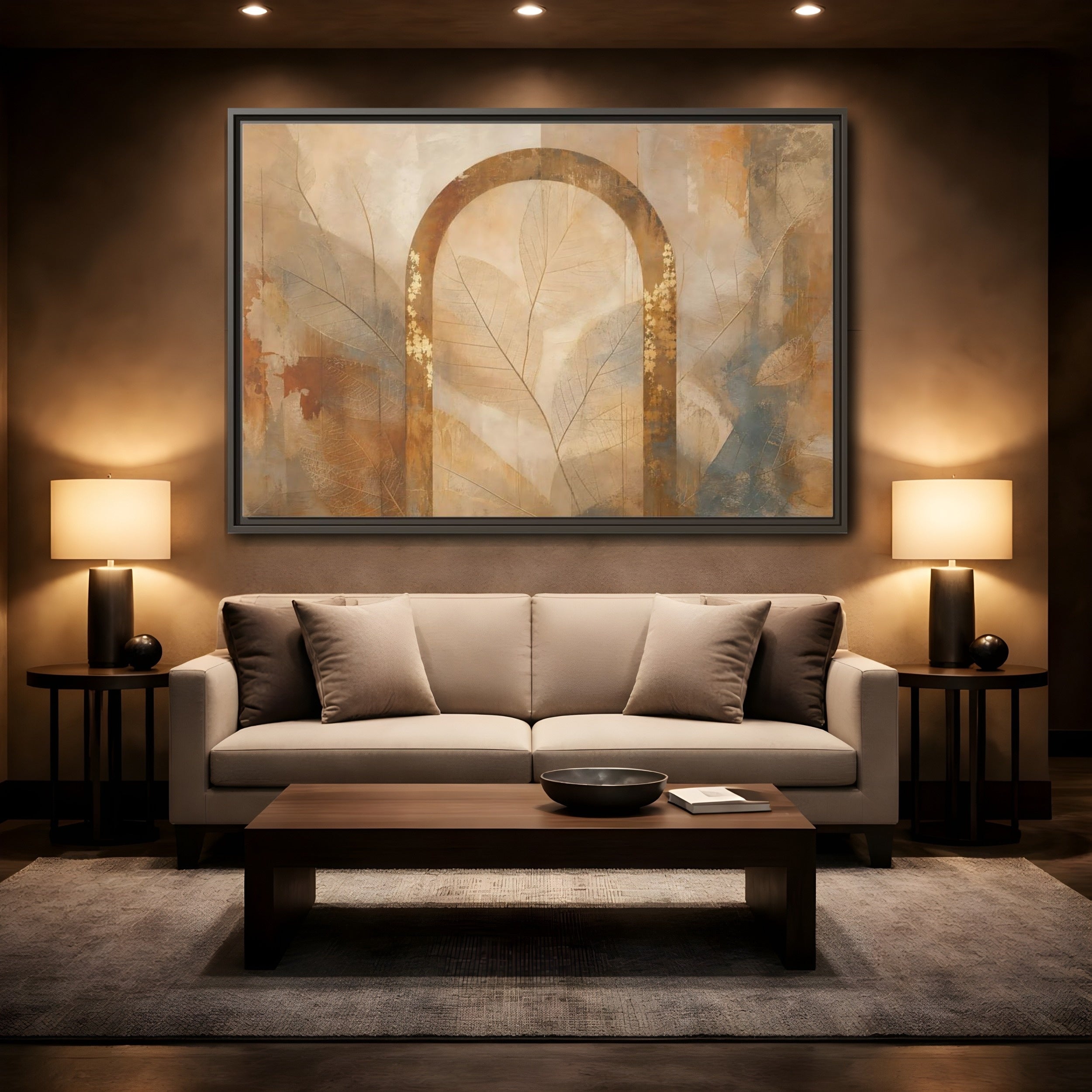 Mockup 2. Nature Botanical Arch Brown And Gold Abstract shown as stretched canvas wall art