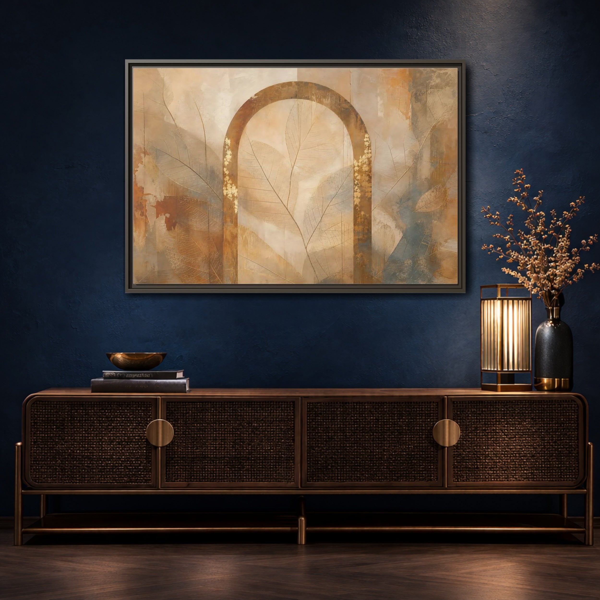 Mockup 4. Nature Botanical Arch Brown And Gold Abstract shown as stretched canvas wall art