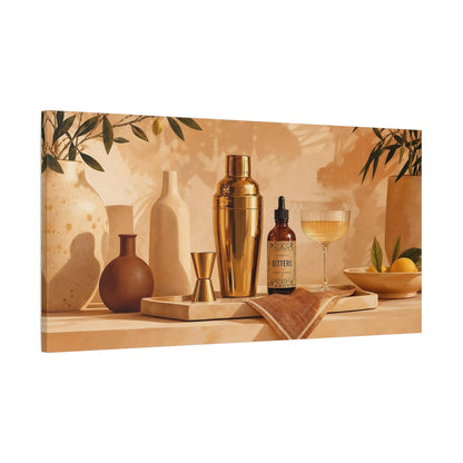 Main Mockup. Nature Botanical Bar Warm Gold Barware shown as canvas print