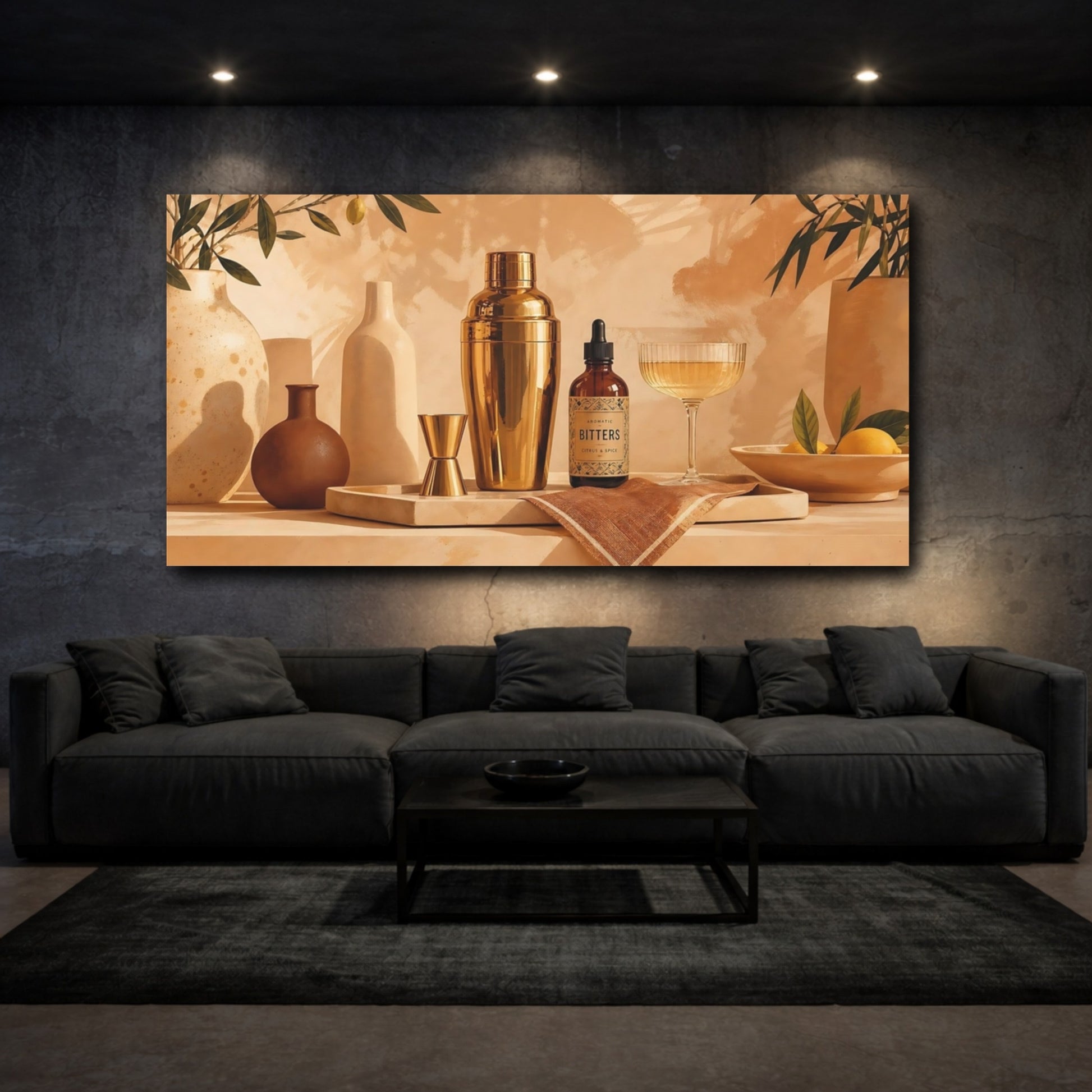Mockup 3. Nature Botanical Bar Warm Gold Barware shown as canvas print