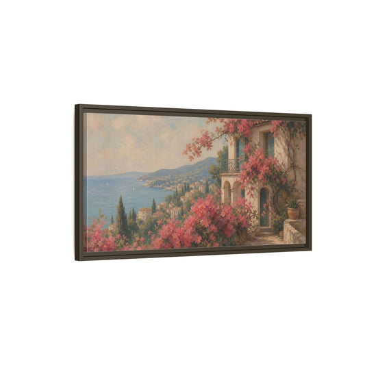 Main Mockup. Nature Bougainvillea Villa Pink Mediterranean shown as stretched canvas wall art