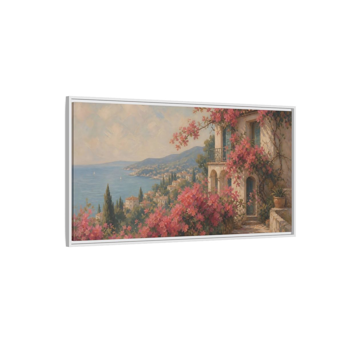 Side Mockup 3. Nature Bougainvillea Villa Pink Mediterranean shown as stretched canvas wall art