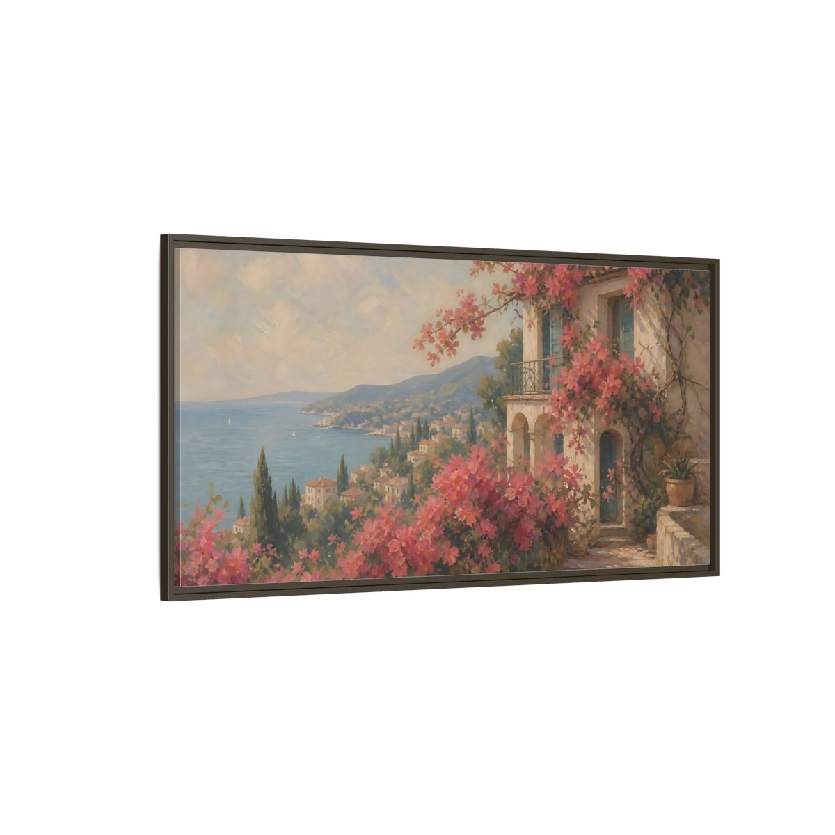 Side Mockup 4. Nature Bougainvillea Villa Pink Mediterranean shown as stretched canvas wall art