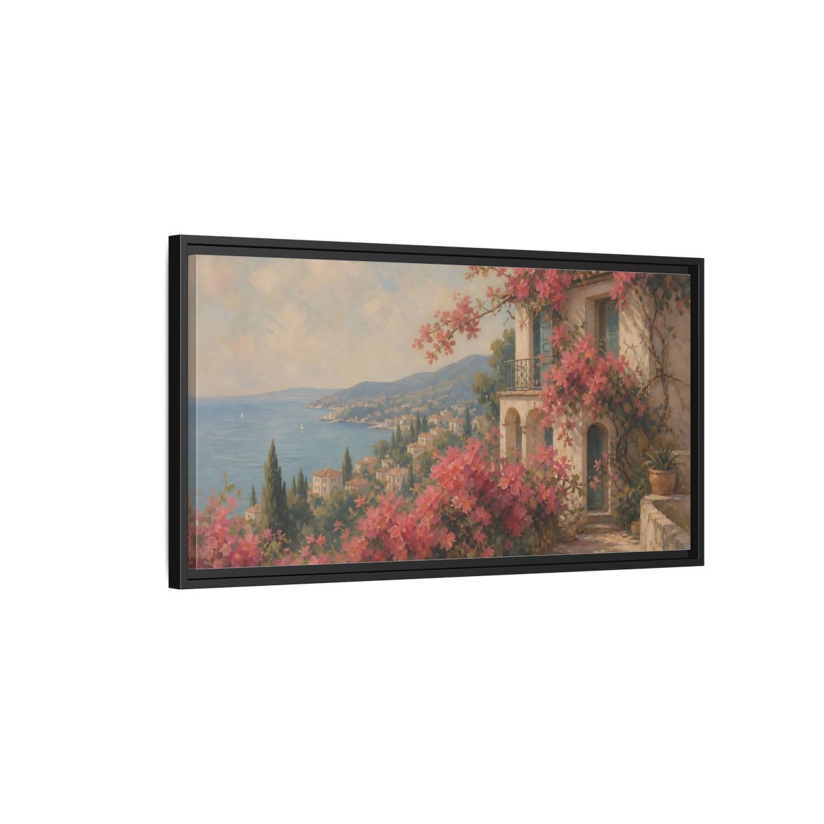 Side Mockup 2. Nature Bougainvillea Villa Pink Mediterranean shown as stretched canvas wall art