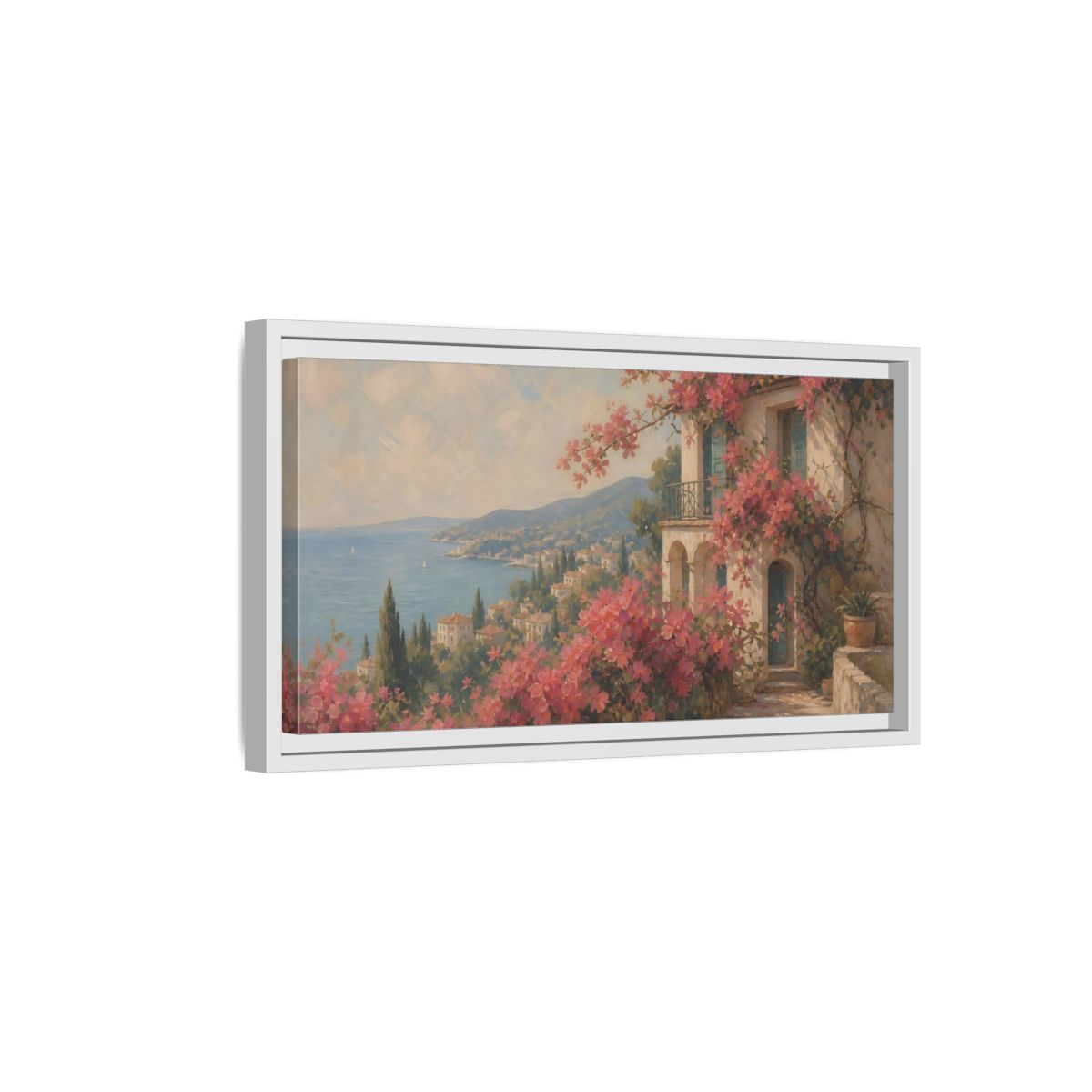 Side Mockup 6. Nature Bougainvillea Villa Pink Mediterranean shown as stretched canvas wall art