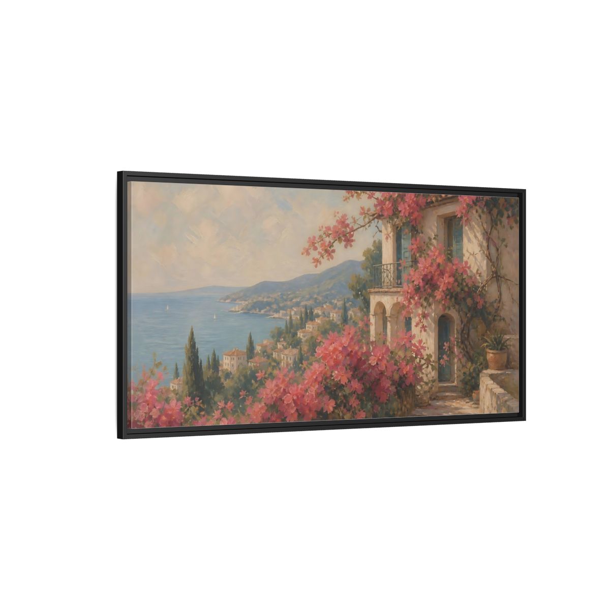 Side Mockup 5. Nature Bougainvillea Villa Pink Mediterranean shown as stretched canvas wall art