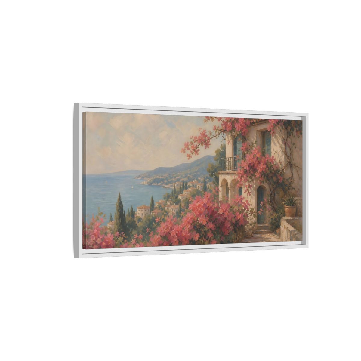 Side Mockup 1. Nature Bougainvillea Villa Pink Mediterranean shown as stretched canvas wall art