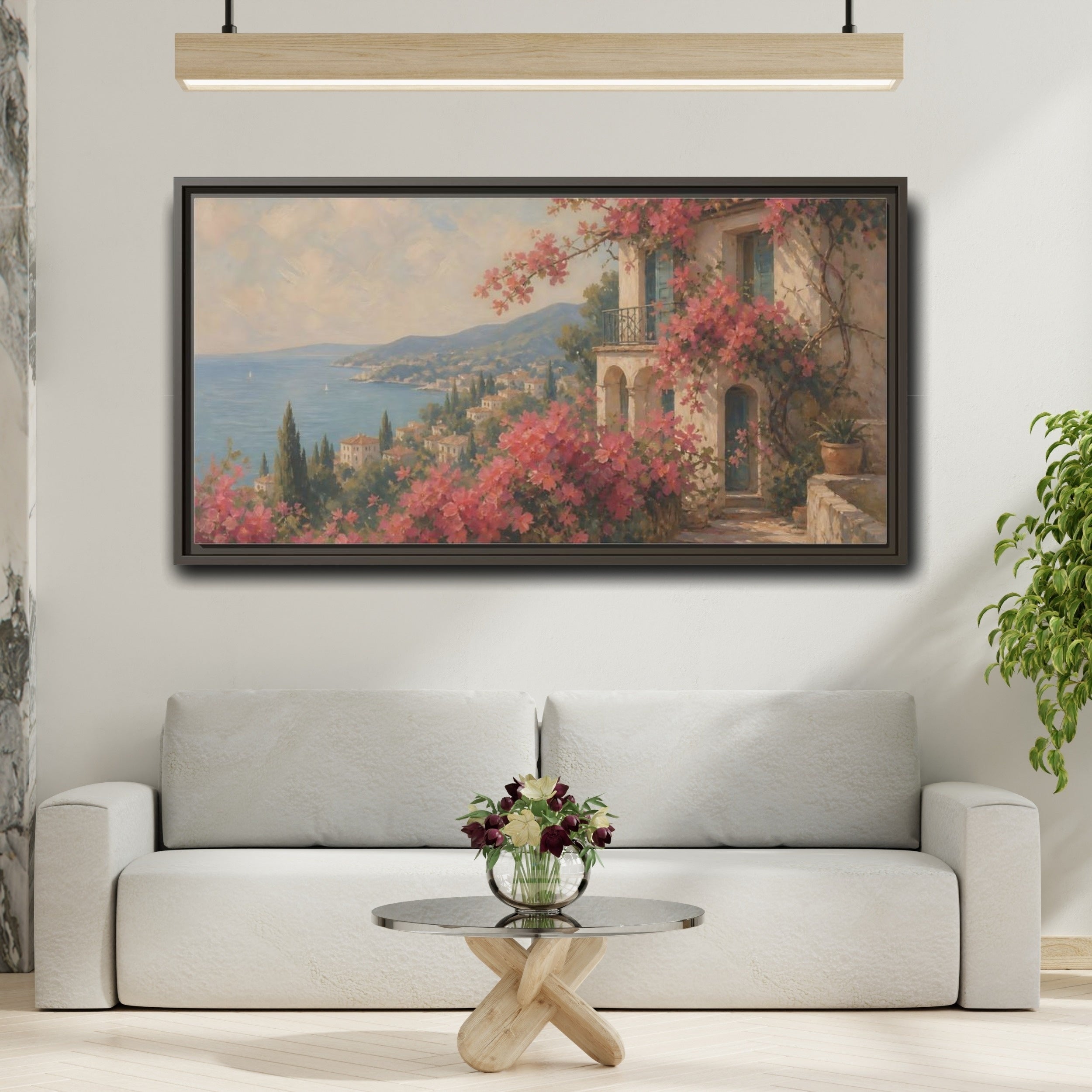 Mockup 2. Nature Bougainvillea Villa Pink Mediterranean shown as stretched canvas wall art