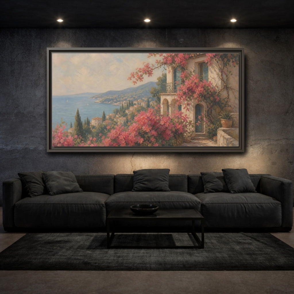 Mockup 3. Nature Bougainvillea Villa Pink Mediterranean shown as stretched canvas wall art