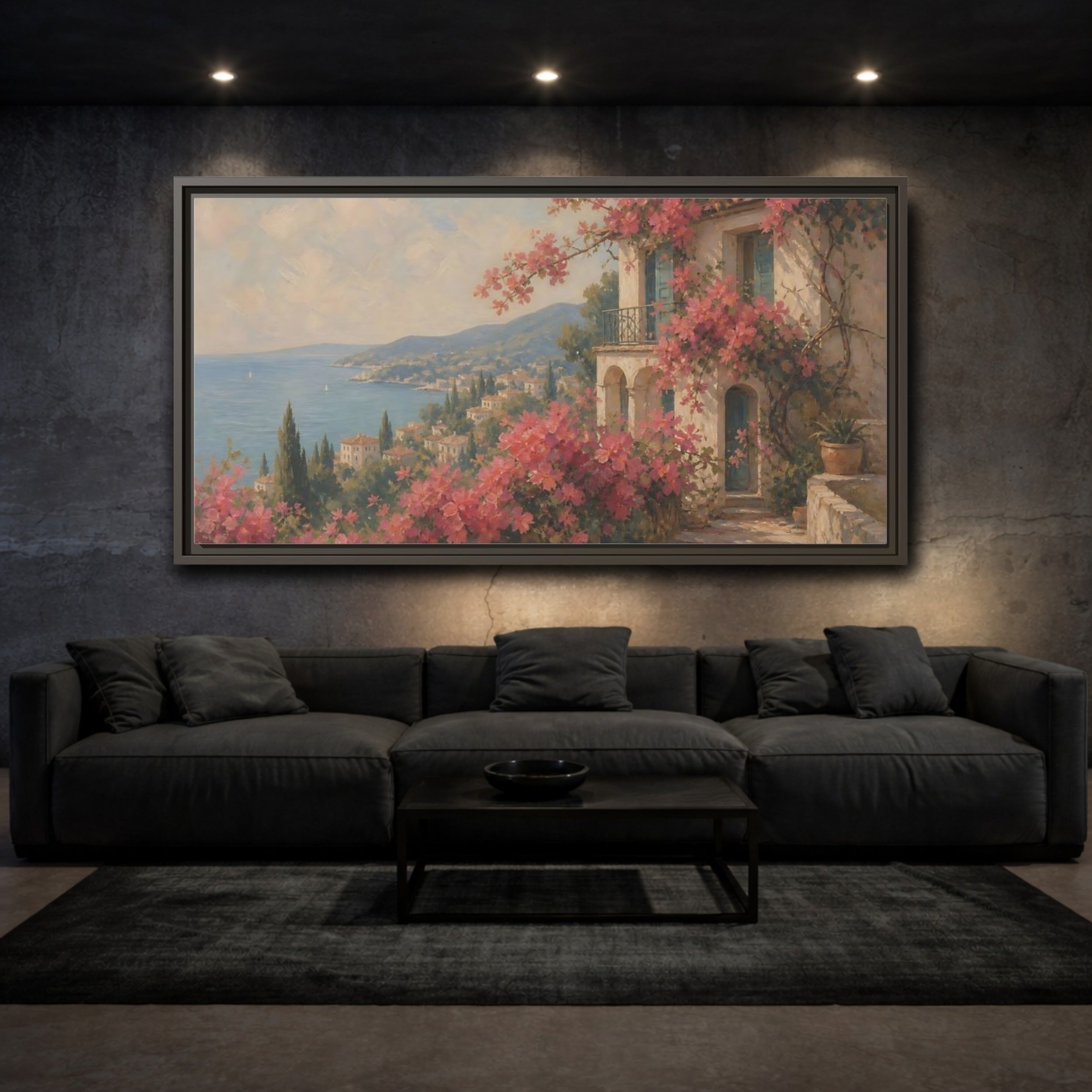 Mockup 3. Nature Bougainvillea Villa Pink Mediterranean shown as stretched canvas wall art