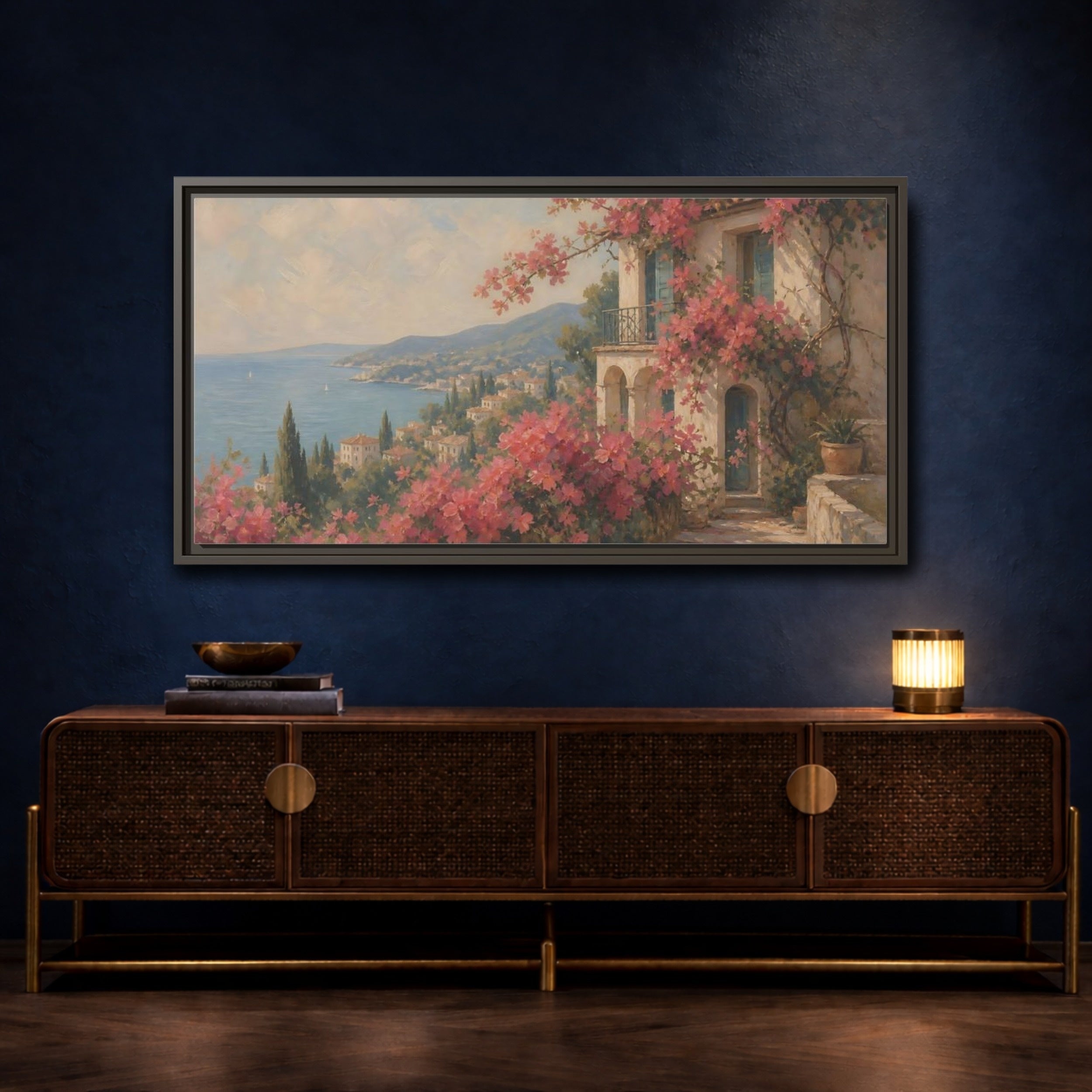 Mockup 4. Nature Bougainvillea Villa Pink Mediterranean shown as stretched canvas wall art
