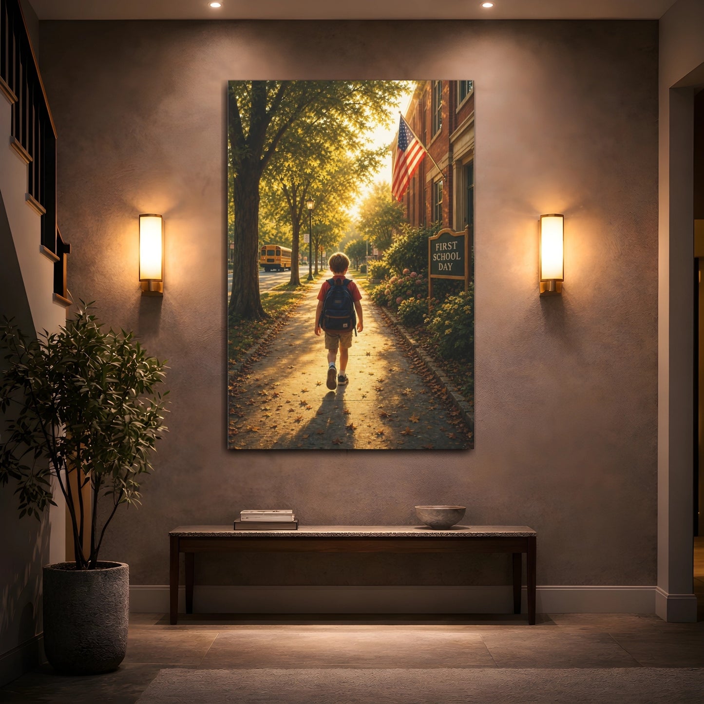 Nature Boy Walking Golden School Day Canvas Wall Art Print - Photo-realistic Living Room, Above Sofa shown as canvas wall art