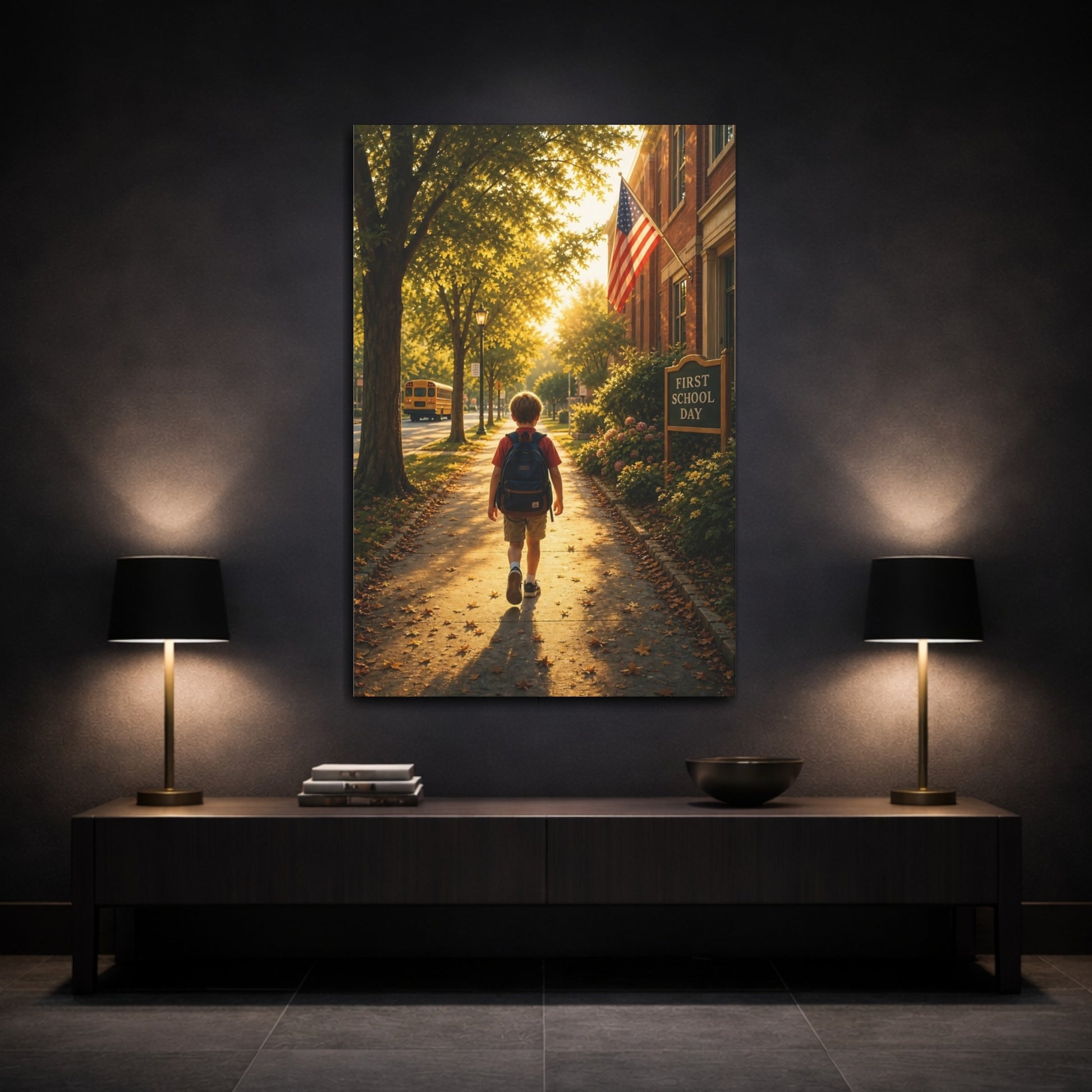 Nature Boy Walking Golden School Day Canvas Wall Art Print - Photo-realistic Living Room, Above Sofa shown as canvas wall art