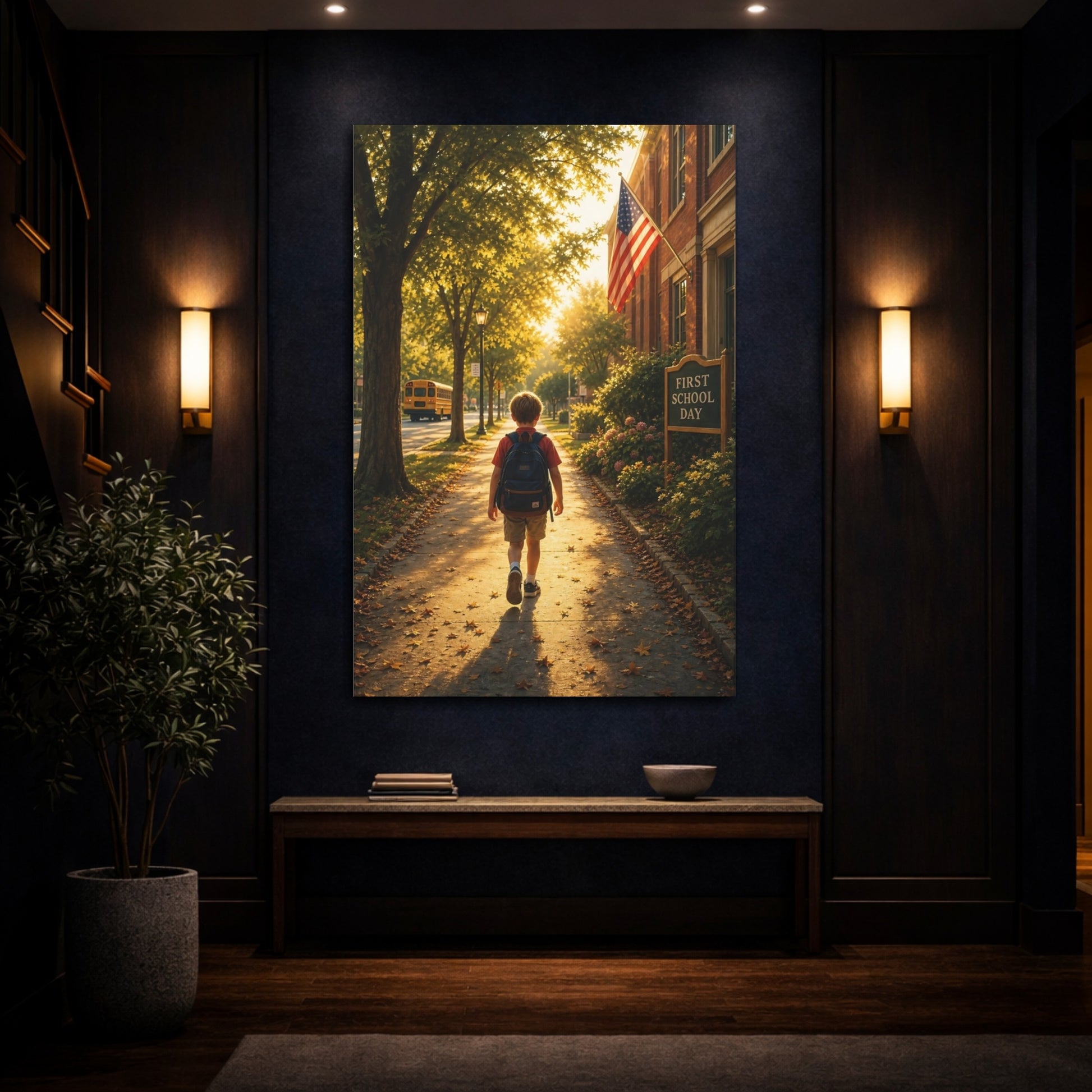 Nature Boy Walking Golden School Day Canvas Wall Art Print - Photo-realistic Living Room, Above Sofa shown as canvas wall art
