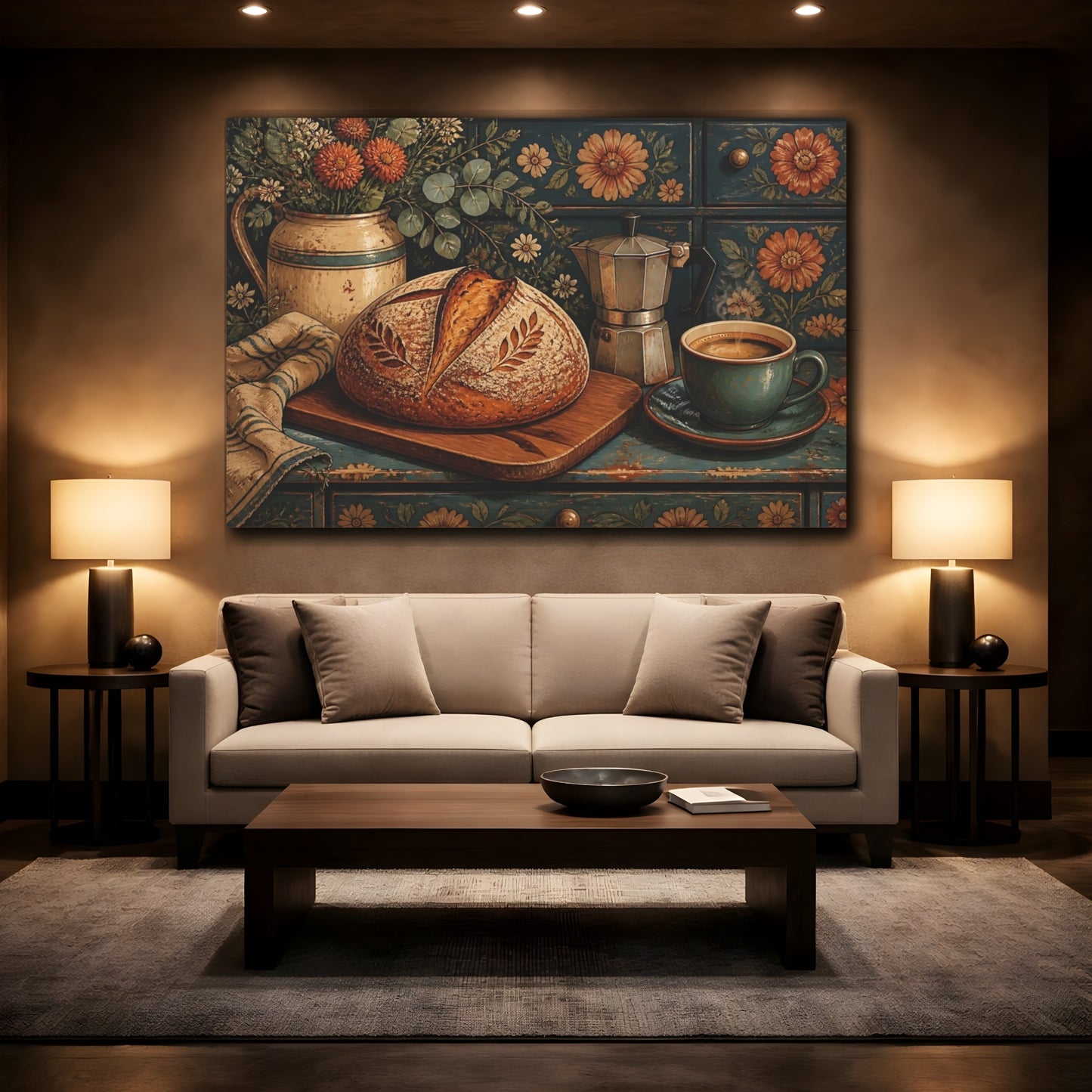 Mockup 3. Nature Bread Loaf Rustic Kitchen shown as stretched canvas wall art