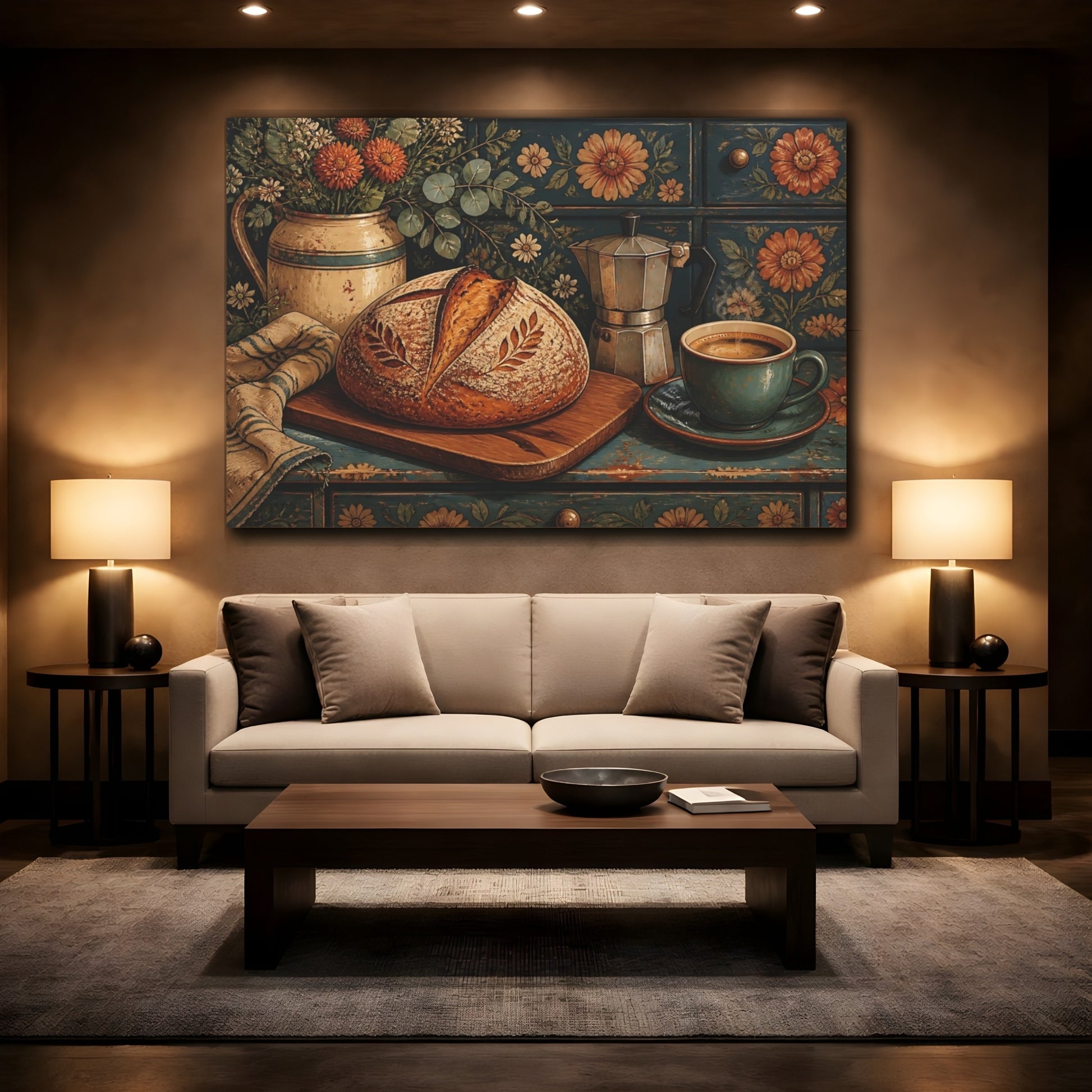 Mockup 3. Nature Bread Loaf Rustic Kitchen shown as stretched canvas wall art