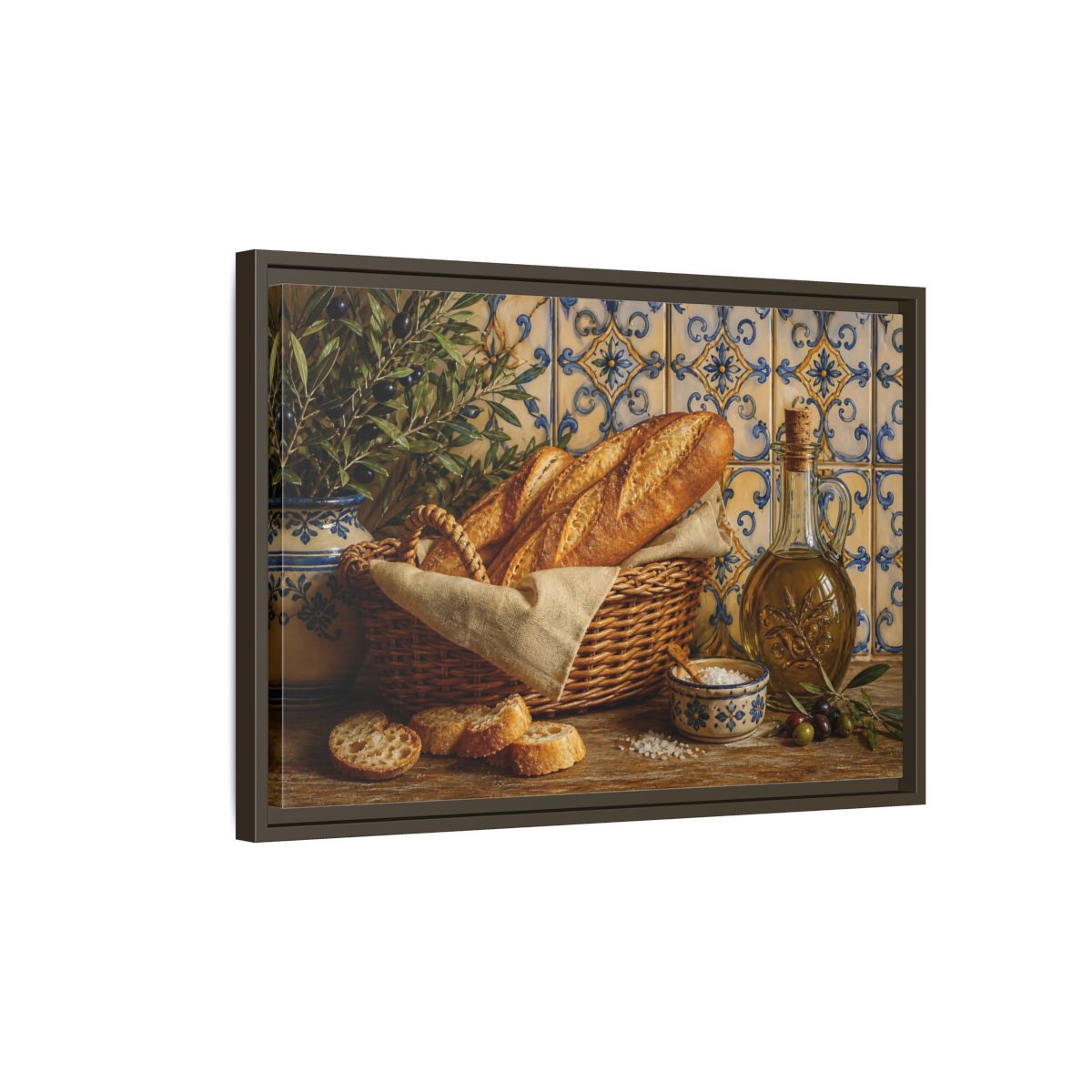 Side Mockup 2. Nature Bread Mediterranean Still Life shown as stretched canvas wall art