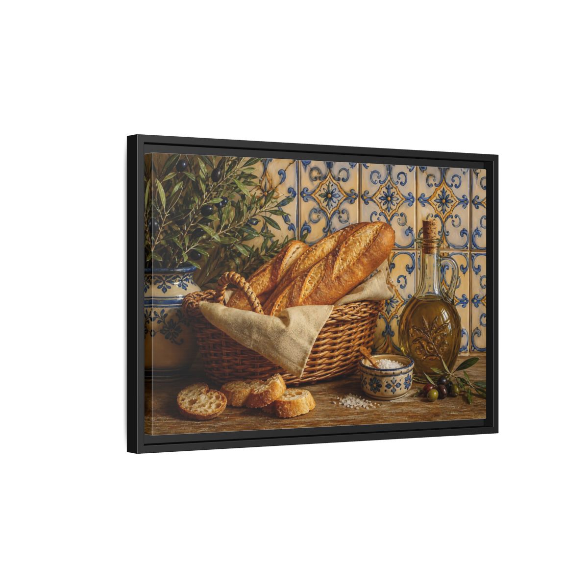 Side Mockup 3. Nature Bread Mediterranean Still Life shown as stretched canvas wall art