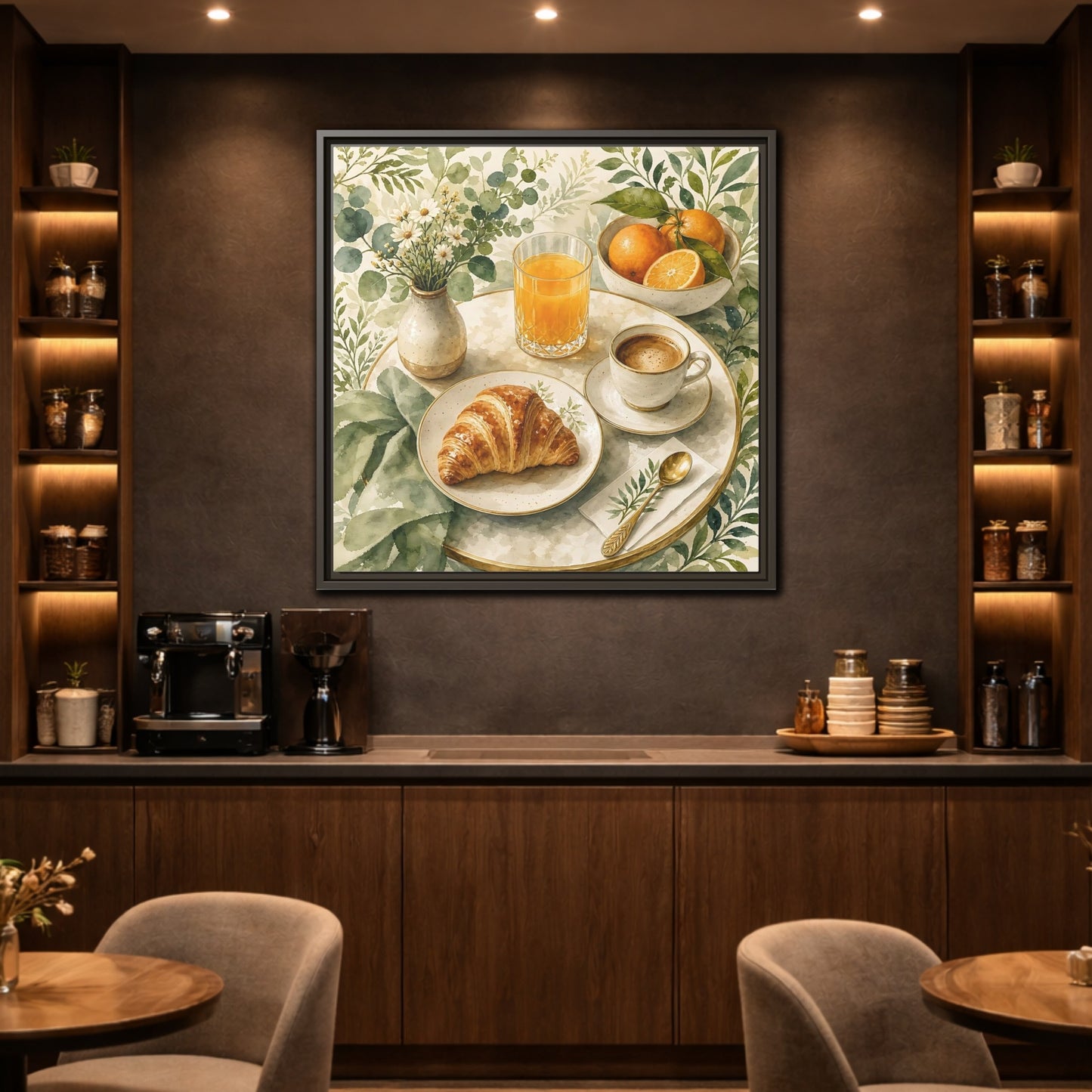 Mockup 2. Nature Breakfast Scene Breakfast Watercolor shown as stretched canvas wall art