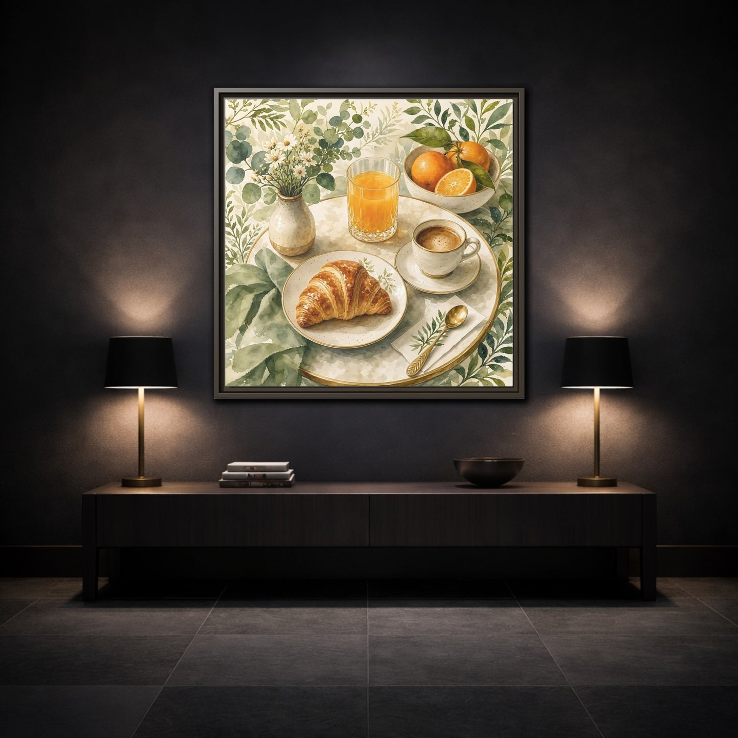 Mockup 3. Nature Breakfast Scene Breakfast Watercolor shown as stretched canvas wall art