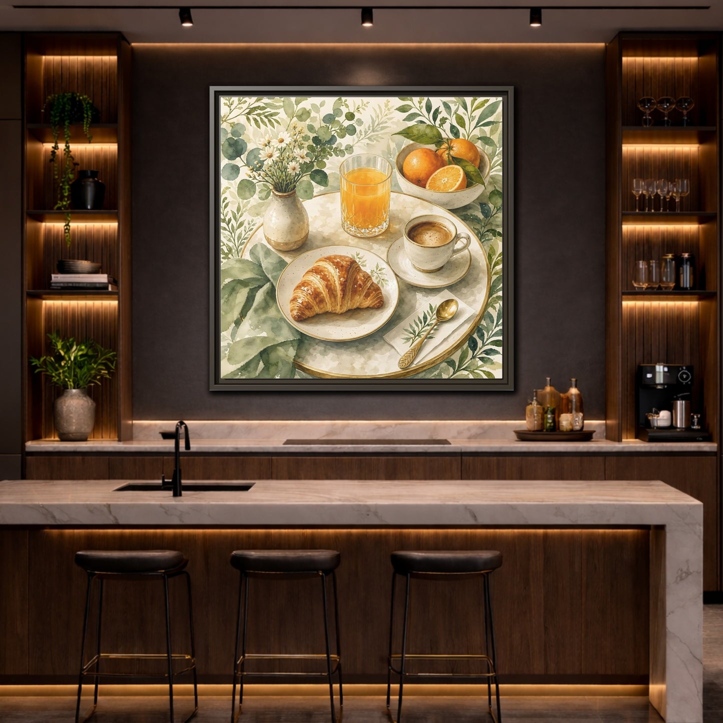 Mockup 4. Nature Breakfast Scene Breakfast Watercolor shown as stretched canvas wall art
