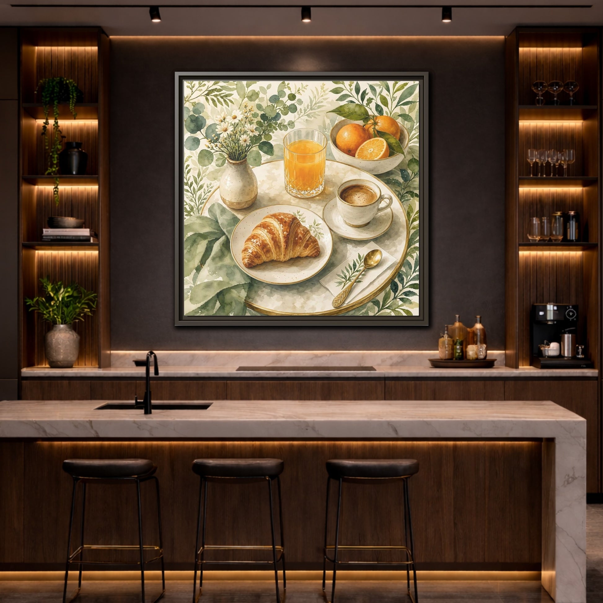 Mockup 4. Nature Breakfast Scene Breakfast Watercolor shown as stretched canvas wall art