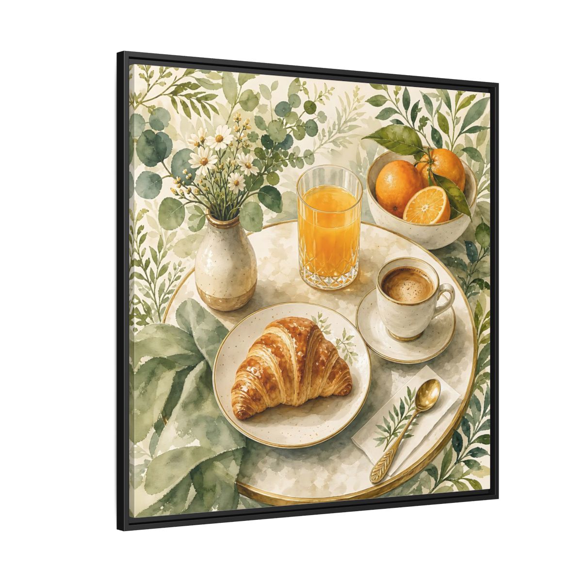 Side Mockup 6. Nature Breakfast Scene Breakfast Watercolor shown as stretched canvas wall art