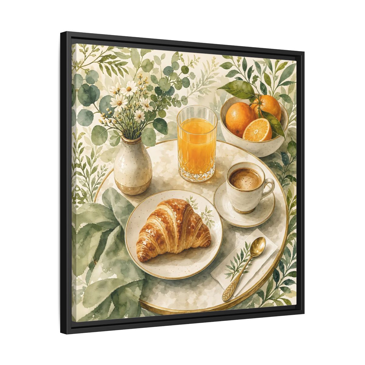 Side Mockup 31. Nature Breakfast Scene Breakfast Watercolor shown as stretched canvas wall art