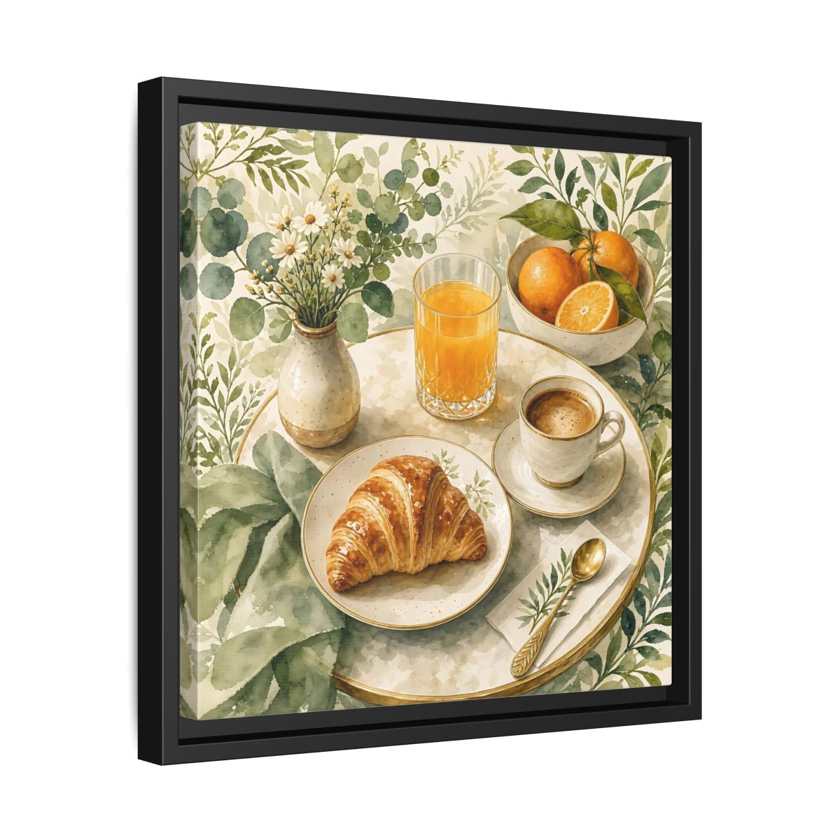 Side Mockup 32. Nature Breakfast Scene Breakfast Watercolor shown as stretched canvas wall art
