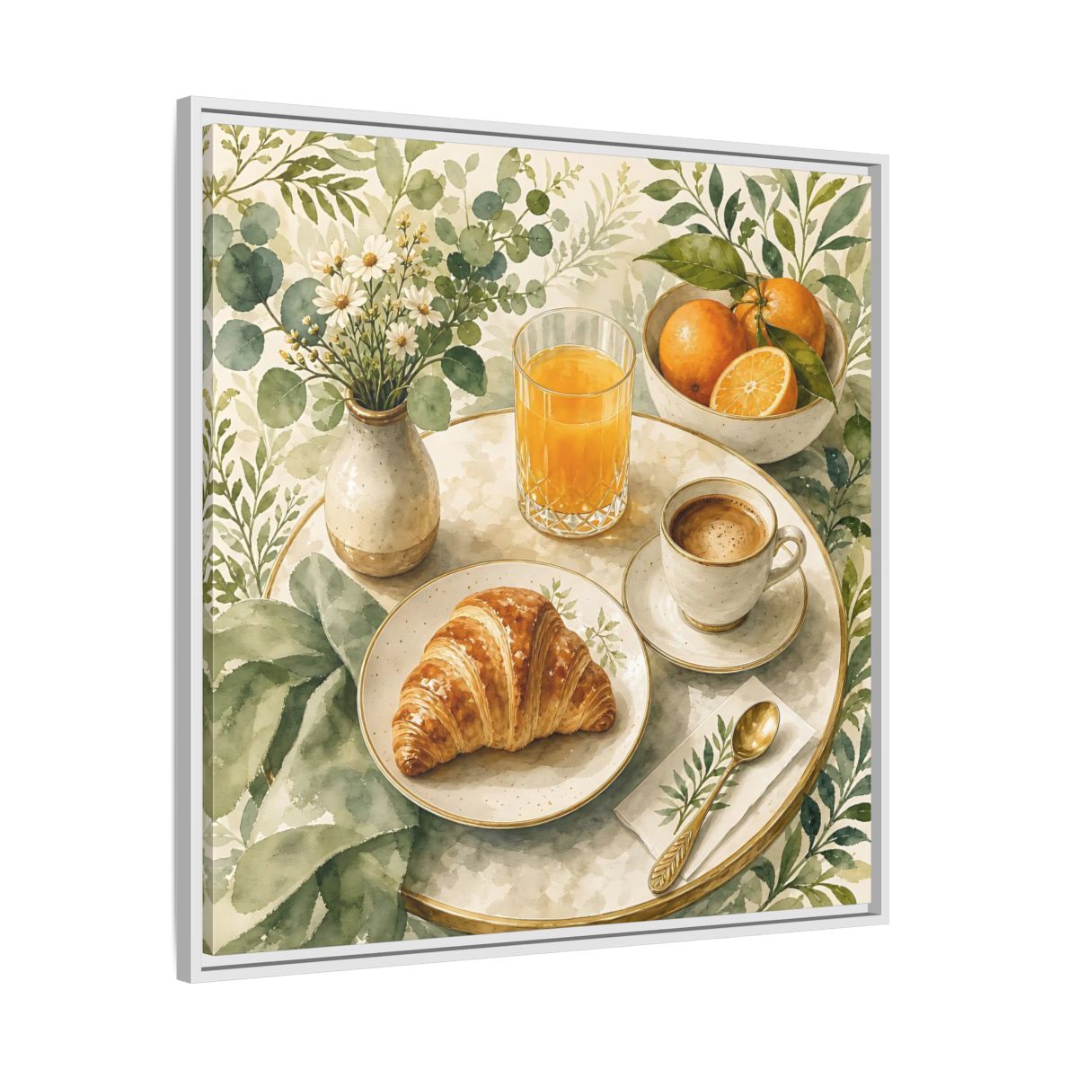 Side Mockup 25. Nature Breakfast Scene Breakfast Watercolor shown as stretched canvas wall art