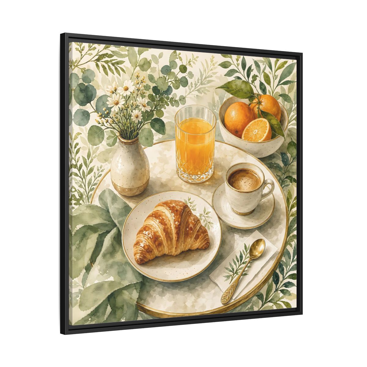 Side Mockup 30. Nature Breakfast Scene Breakfast Watercolor shown as stretched canvas wall art