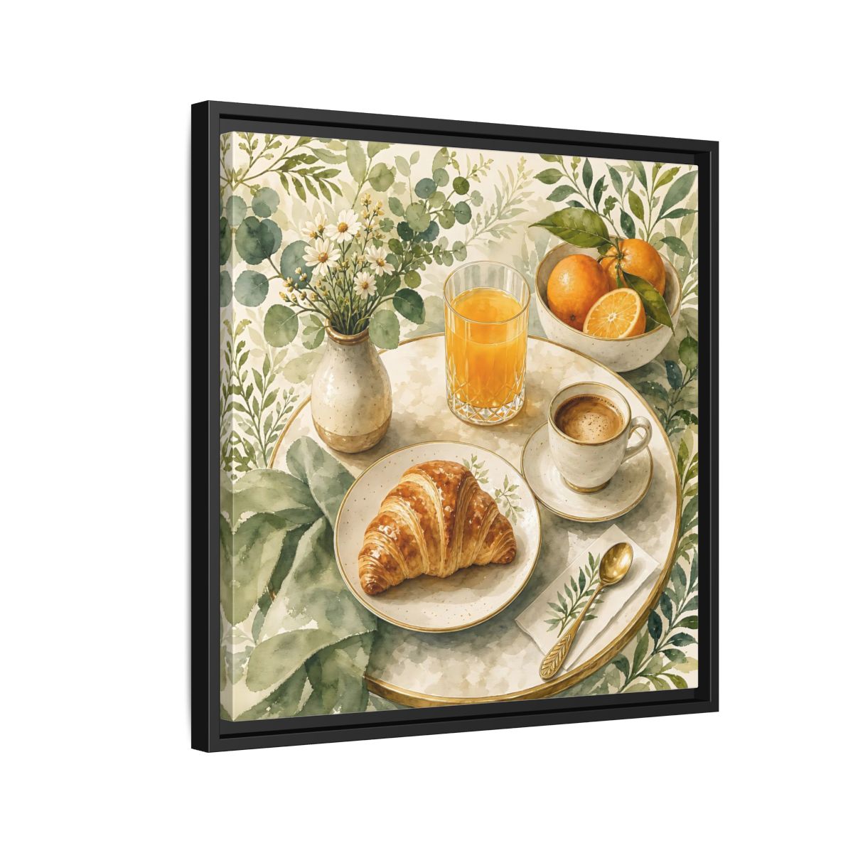 Side Mockup 12. Nature Breakfast Scene Breakfast Watercolor shown as stretched canvas wall art