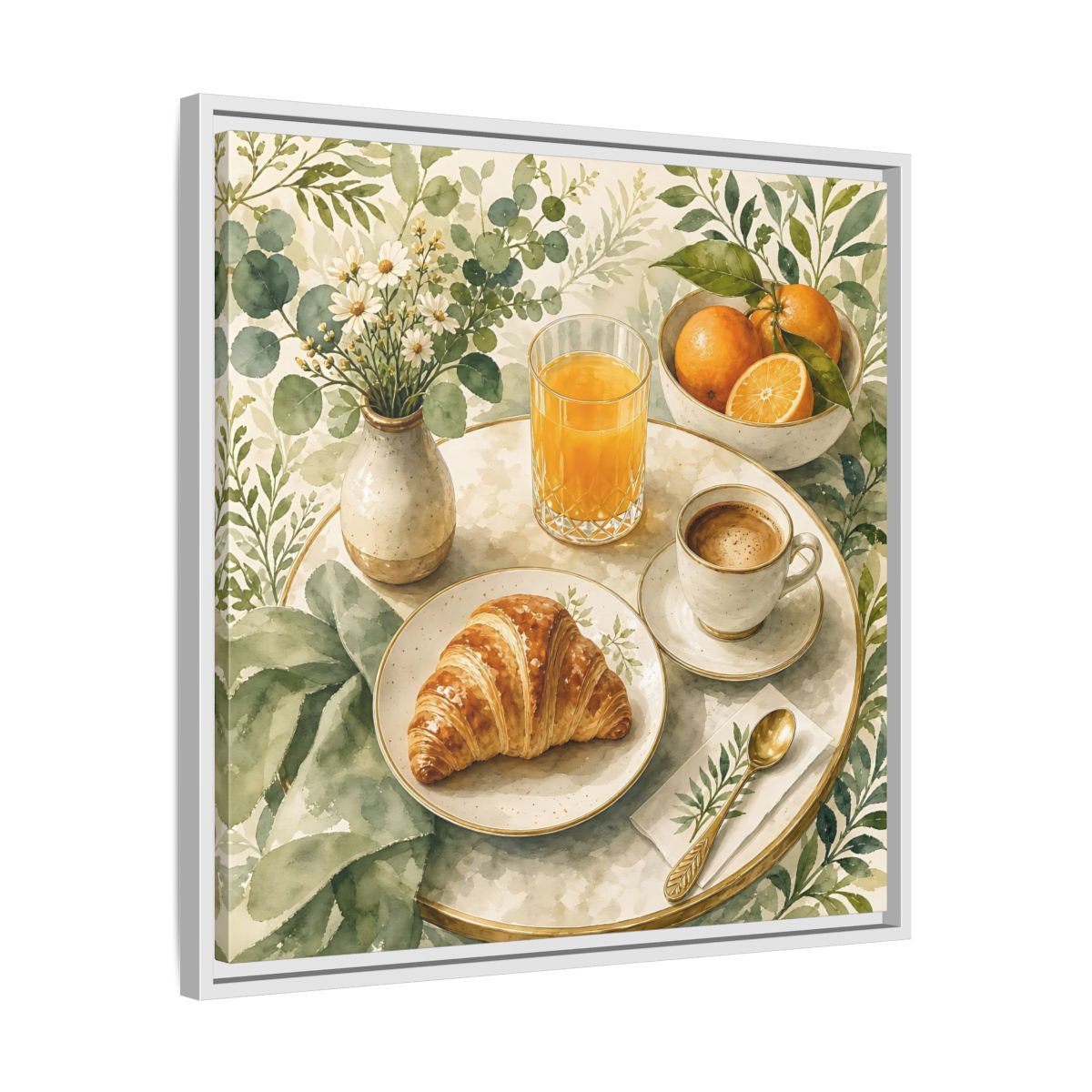 Side Mockup 26. Nature Breakfast Scene Breakfast Watercolor shown as stretched canvas wall art