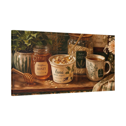 Main Mockup. Nature Breakfast Still Life Green And Brown shown as canvas print