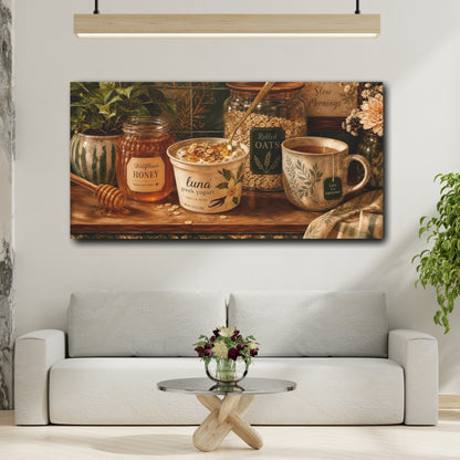 Mockup 2. Nature Breakfast Still Life Green And Brown shown as canvas print