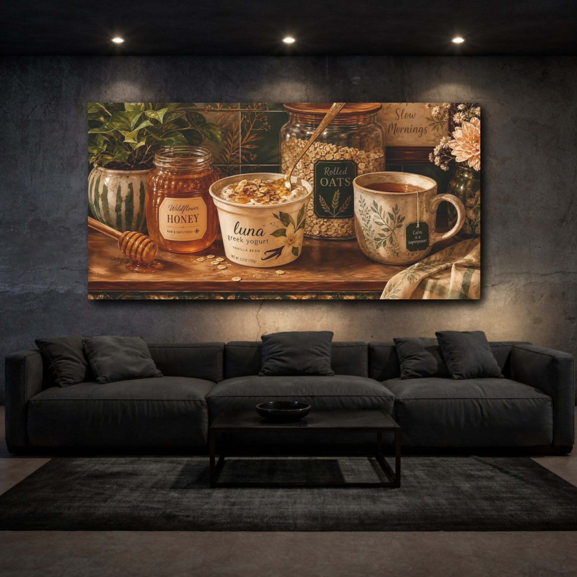 Mockup 3. Nature Breakfast Still Life Green And Brown shown as canvas print