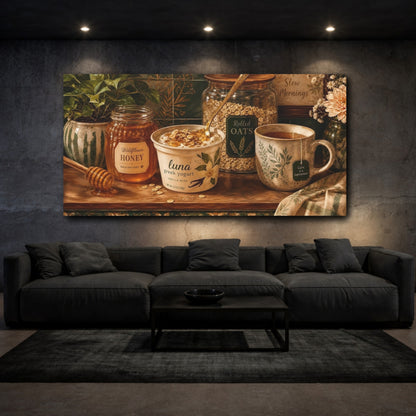 Mockup 3. Nature Breakfast Still Life Green And Brown shown as canvas print