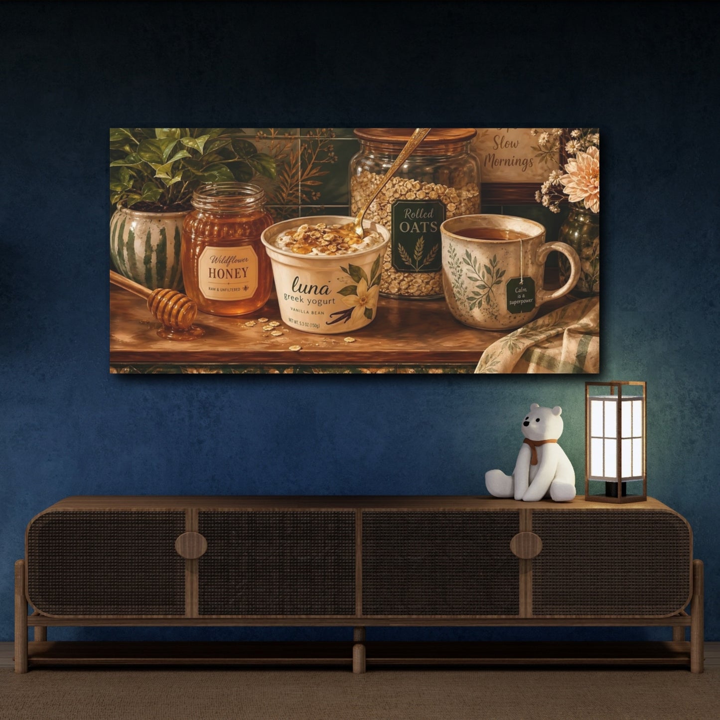 Mockup 4. Nature Breakfast Still Life Green And Brown shown as canvas print