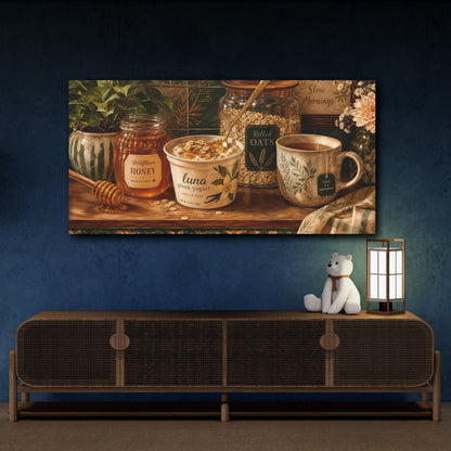 Mockup 4. Nature Breakfast Still Life Green And Brown shown as canvas print