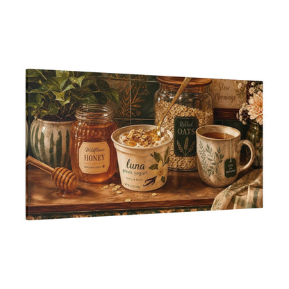 Side Mockup 2. Nature Breakfast Still Life Green And Brown shown as canvas print