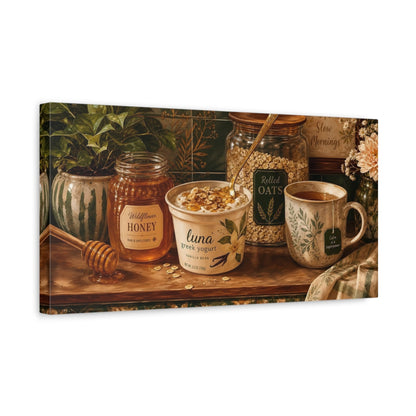 Side Mockup 3. Nature Breakfast Still Life Green And Brown shown as canvas print