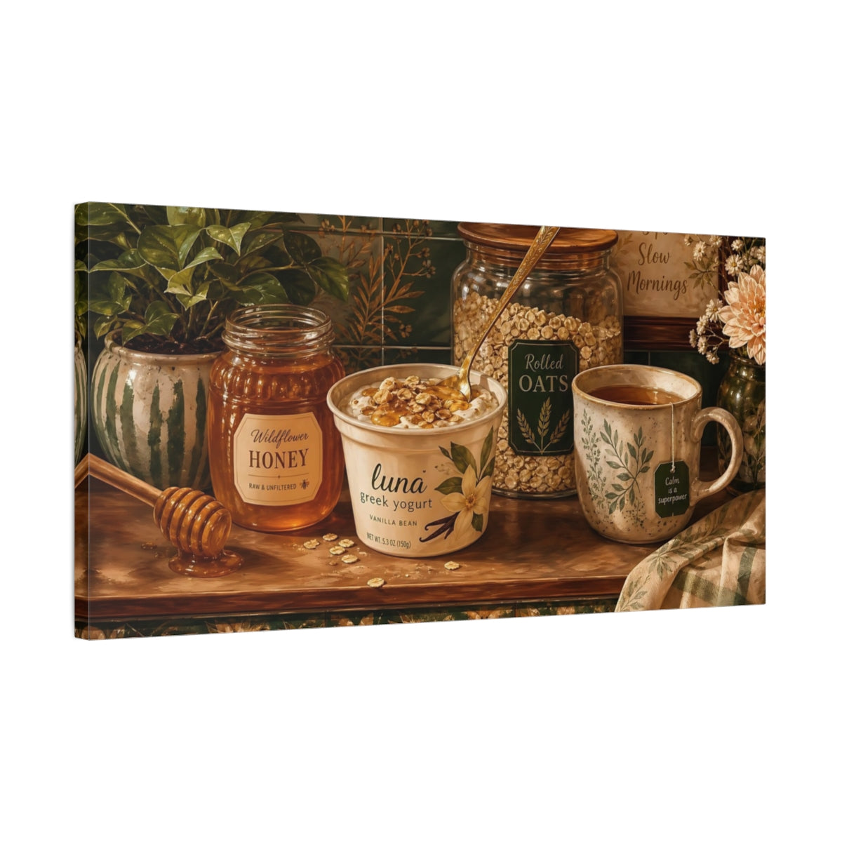 Side Mockup 1. Nature Breakfast Still Life Green And Brown shown as canvas print