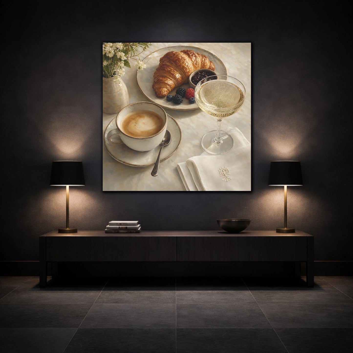 Mockup 3. Nature Breakfast Warm Neutrals shown as stretched canvas wall art