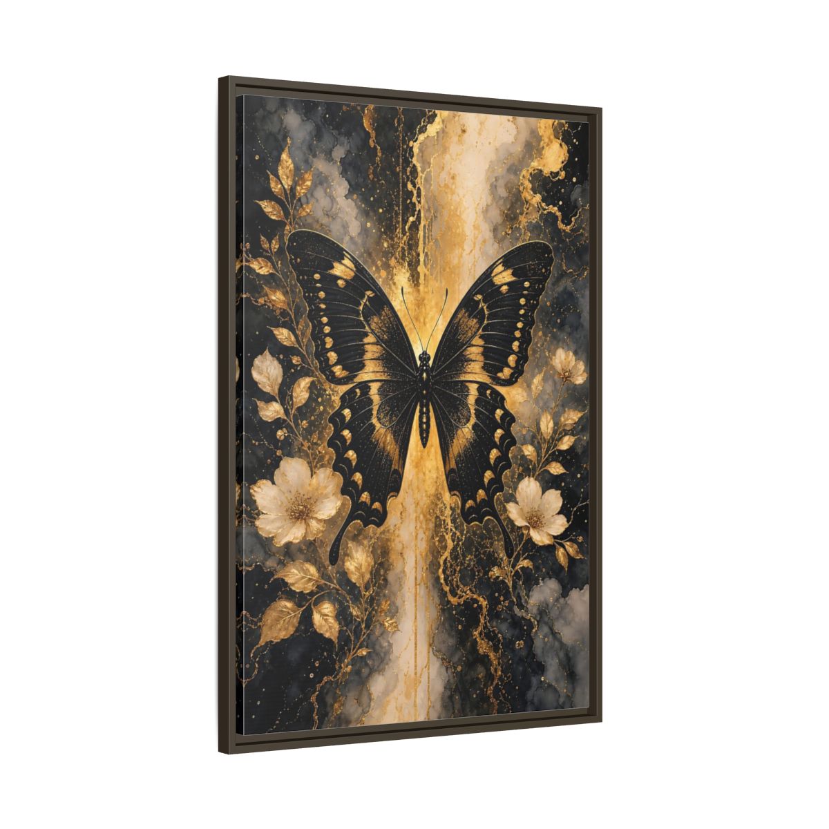 Main Mockup. Nature Butterfly Black And Gold shown as stretched canvas wall art