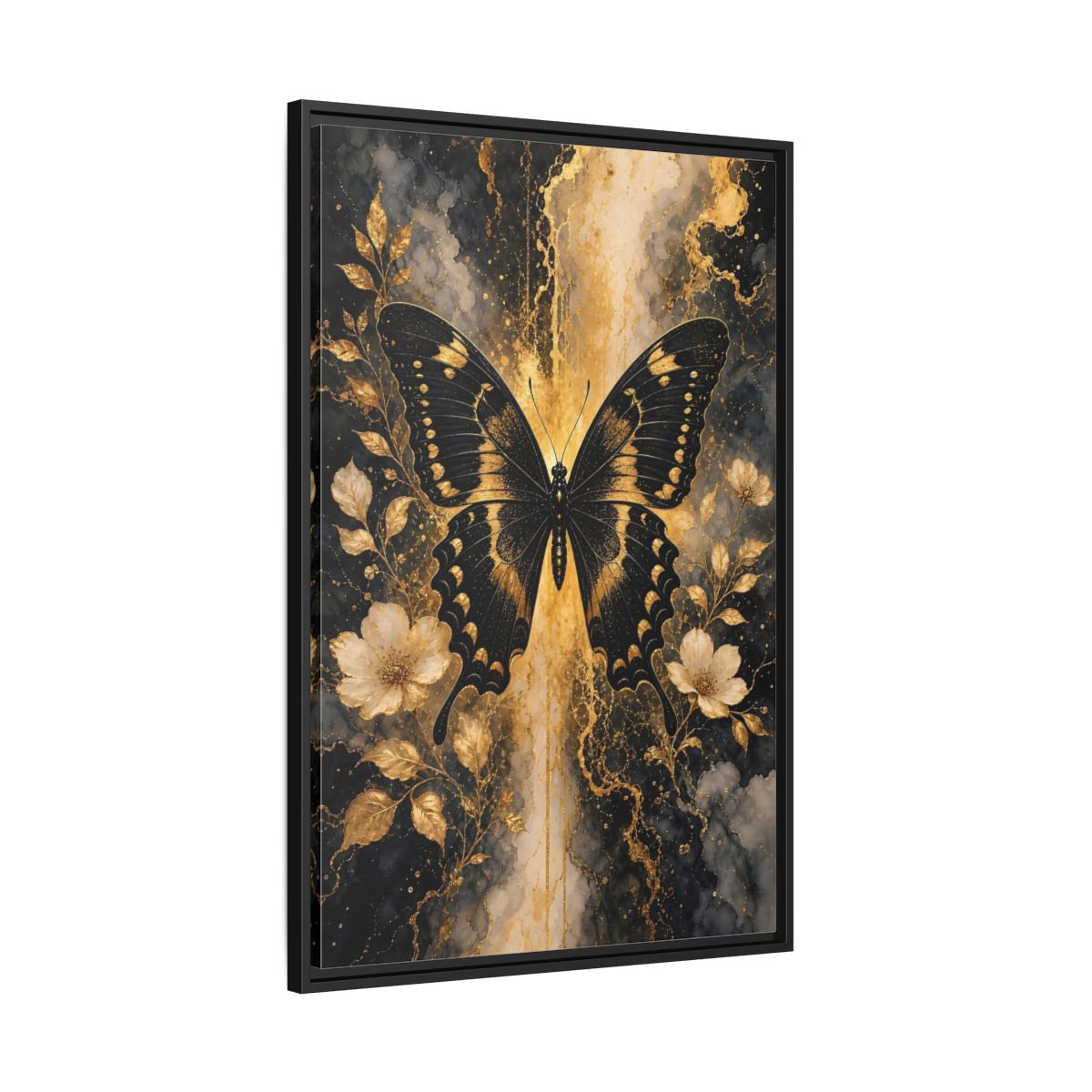 Side Mockup 13. Nature Butterfly Black And Gold shown as stretched canvas wall art