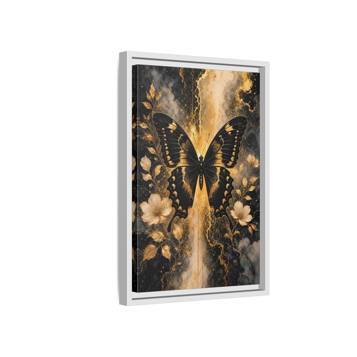 Side Mockup 4. Nature Butterfly Black And Gold shown as stretched canvas wall art