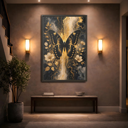 Mockup 2. Nature Butterfly Black And Gold shown as stretched canvas wall art
