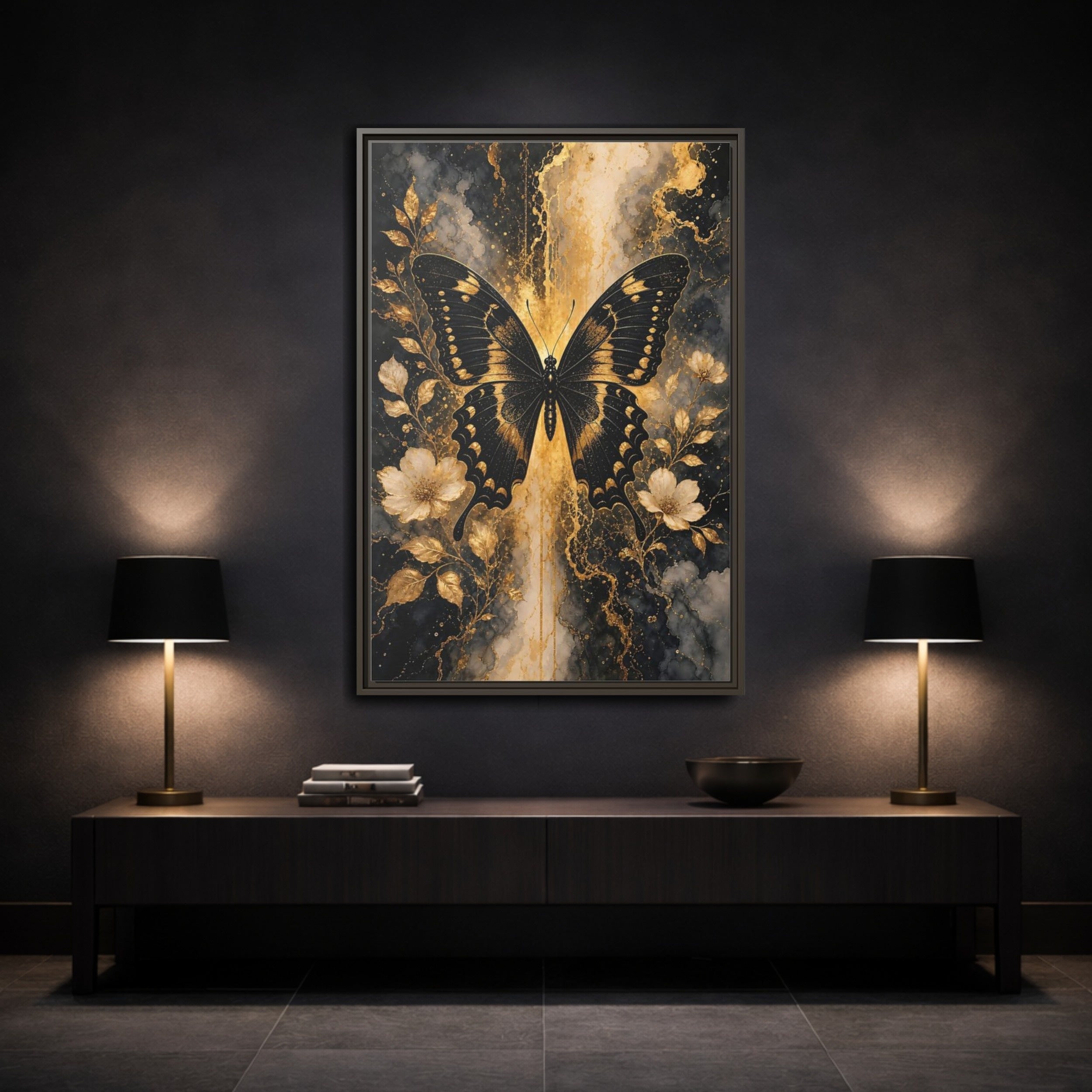 Mockup 3. Nature Butterfly Black And Gold shown as stretched canvas wall art